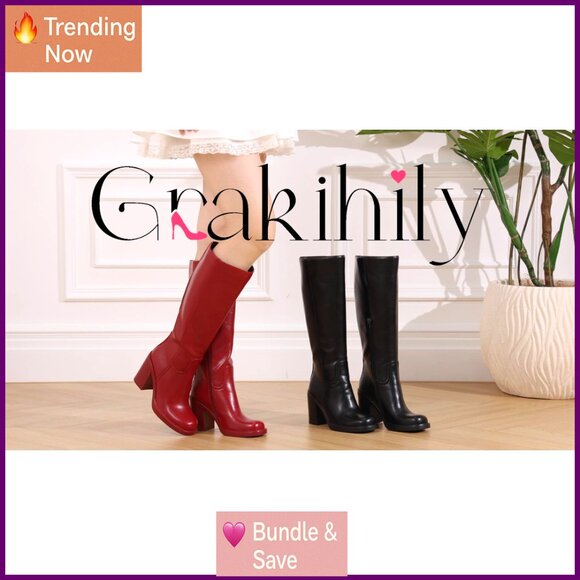 Women's Knee High Boots Wide Calf Platform Chunky Heel Square Toe - Picture 8 of 8